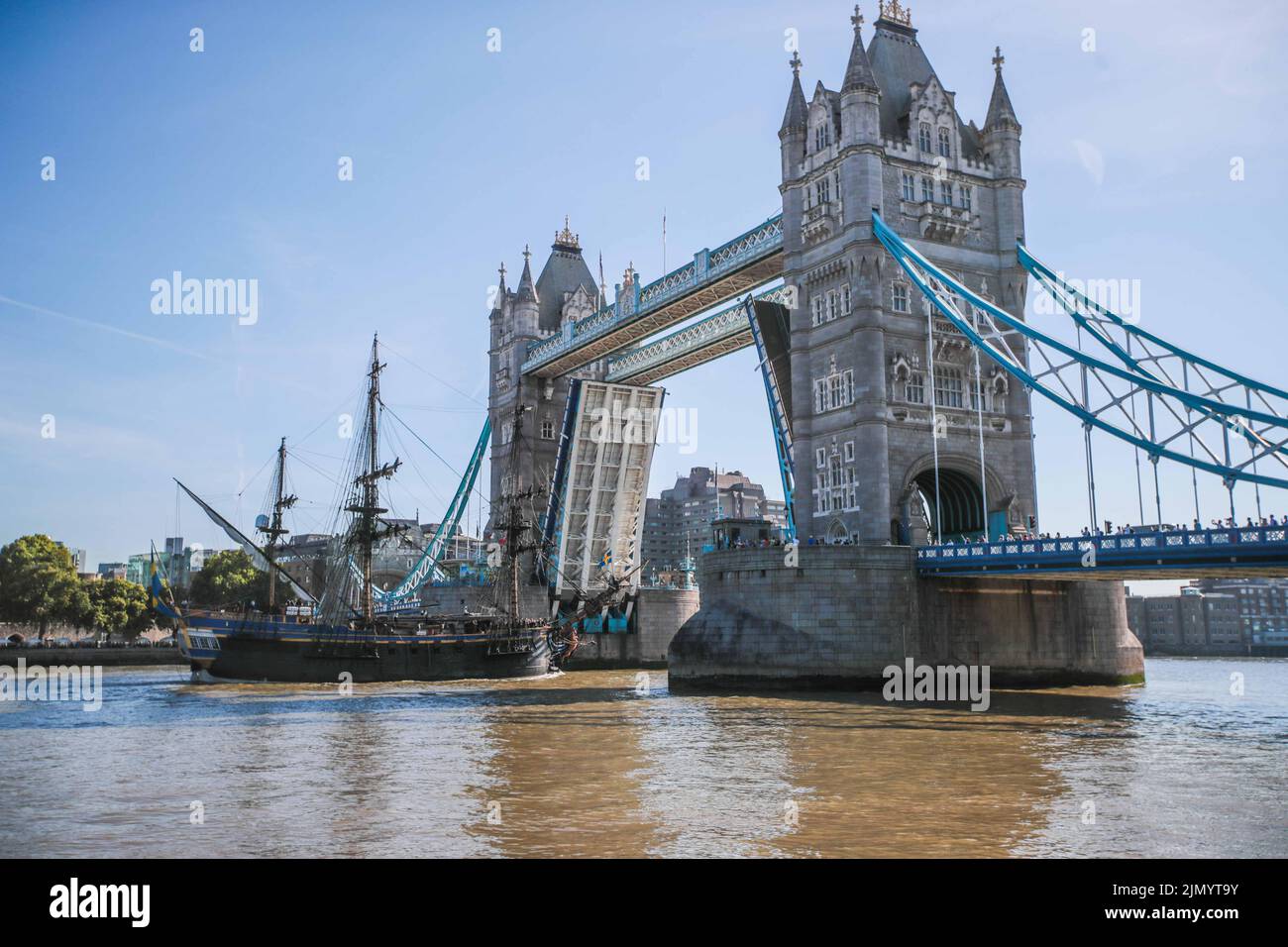 London UK 8 August 2022 Replica 18th century Swedish ship Götheborg sailed into London today. for few minutes before heading back to India dock were it be moored and open to visitro until 12 August 2022 Paul Quezada-Neiman/Alamy Live News Stock Photo