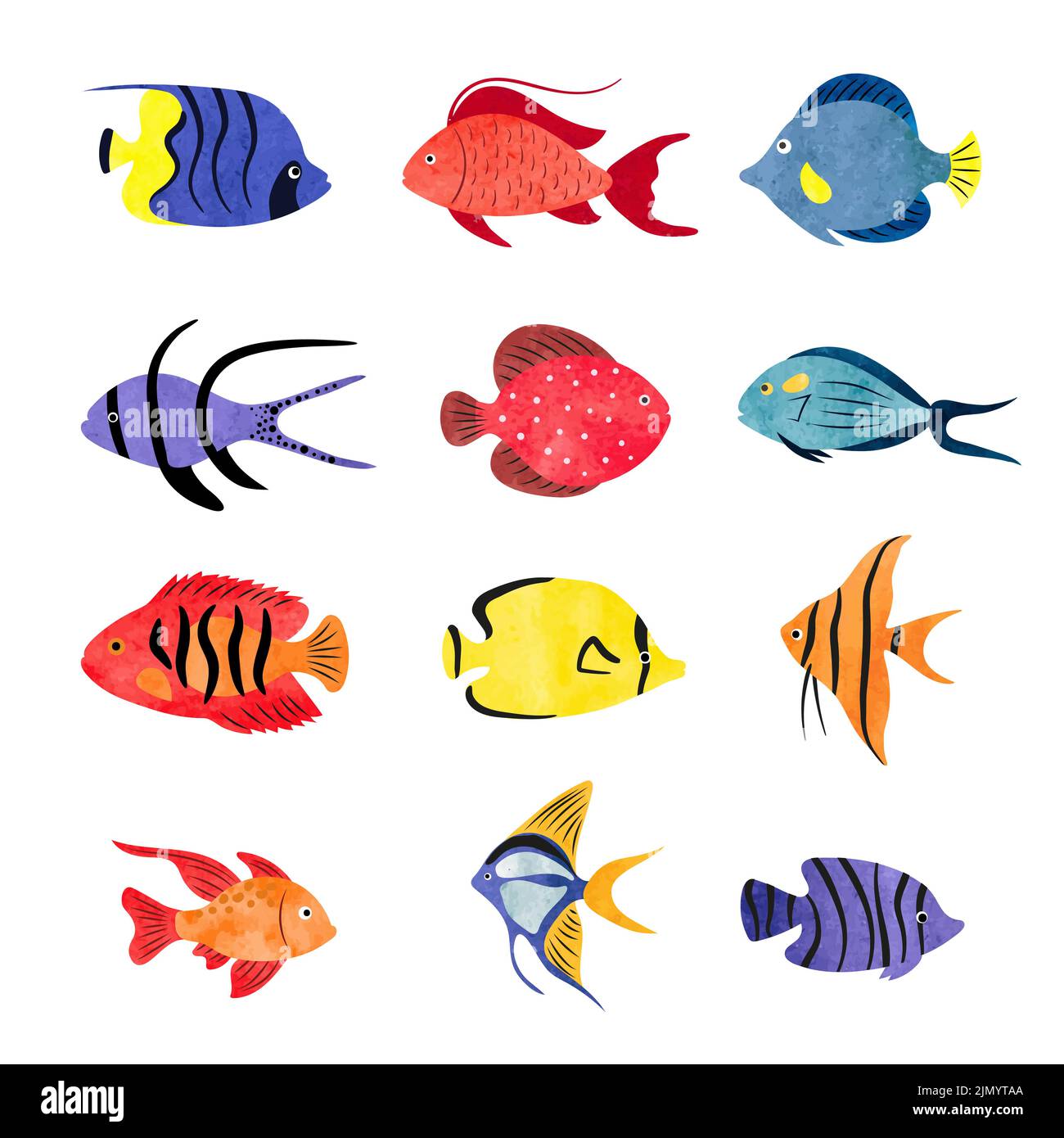 Tropical fish vector set. Coral reef watercolor collection of colorful ...