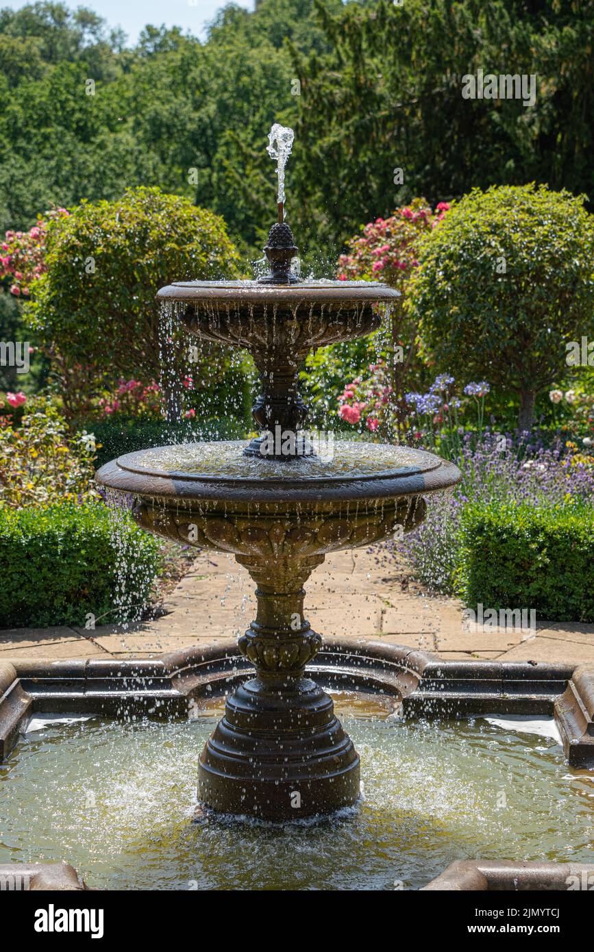 Fountain, Rose Garden, Belvoir Castle, England, Gardens, tranquillity, runs constantly, waterfalls, fountains, outdoor environment, aquatic, two tier. Stock Photo