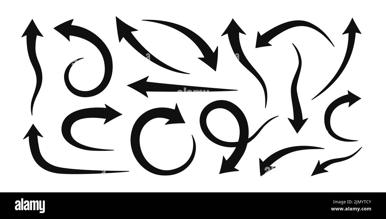 Hand drawn arrow in different directions. Doodle bold black arrows ...