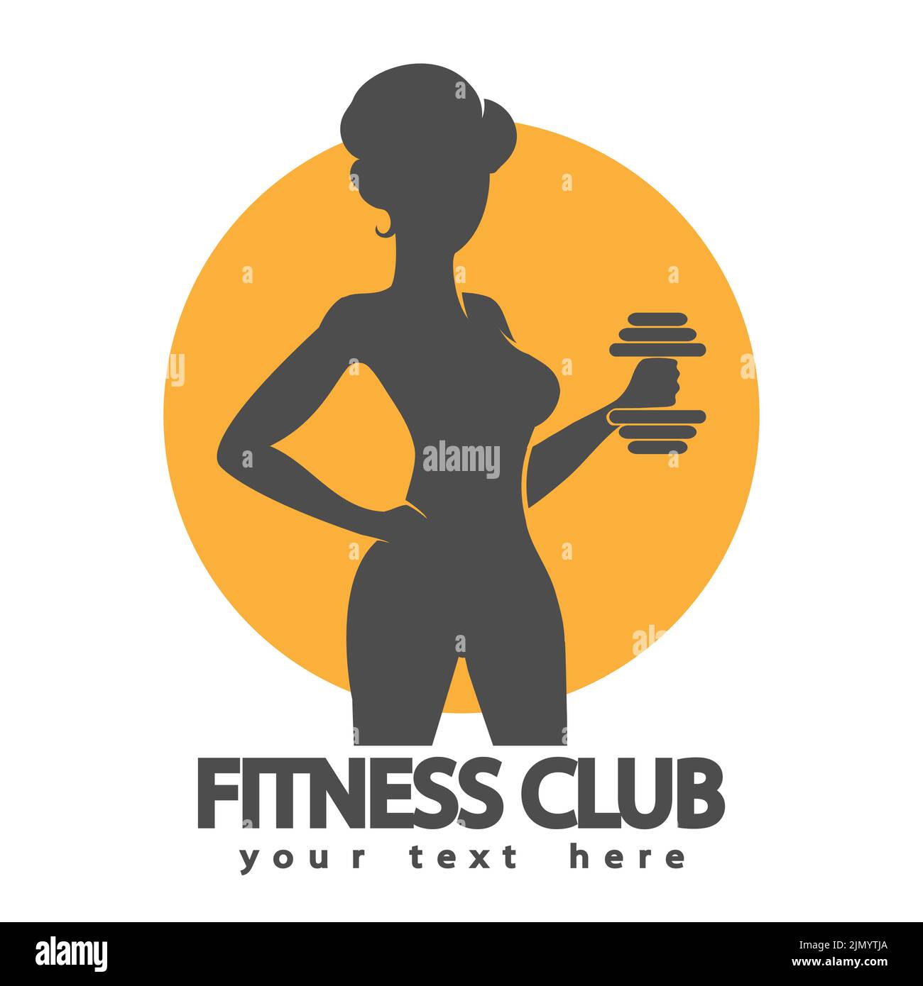 Fitness Logo with Athletic Girl with dumbbell isolated on white. Vector illustration. - Stock Image