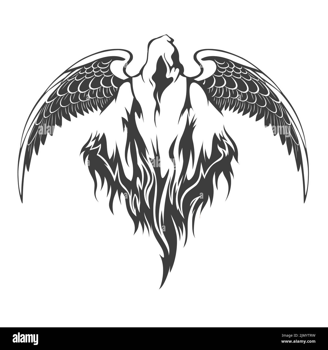 Tattoo of Angel of Death with Bird Wings isolated on white vector illustration. Stock Vector