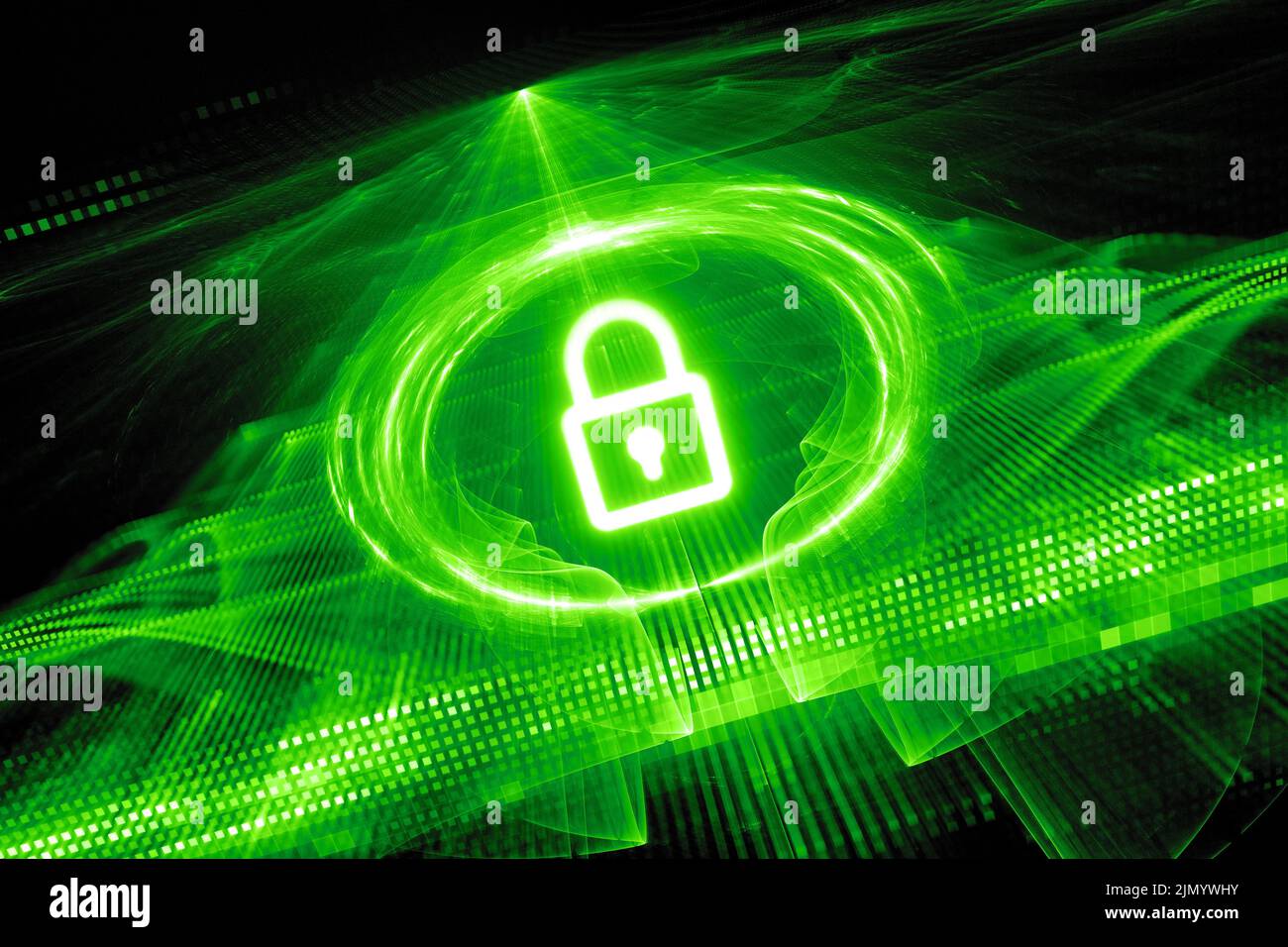 Green glowing vibrant quantum encryption, computer generated abstract fractal illustration, 3D rendering Stock Photo