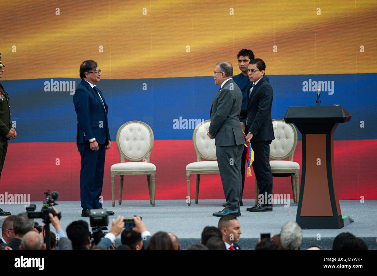 Colombia's new president Gustavo Petro (Left) swears-in to Colombia's senate president Roy Barreras (Right) during the inauguration event of Colombia' Stock Photo