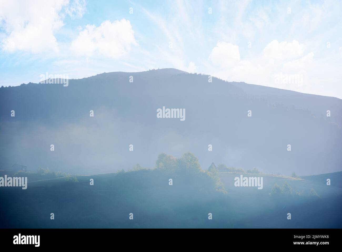 misty atmosphere in mountains. trees on the hill in morning light. beautiful nature background in early autumn season. bright sky with clouds above th Stock Photo