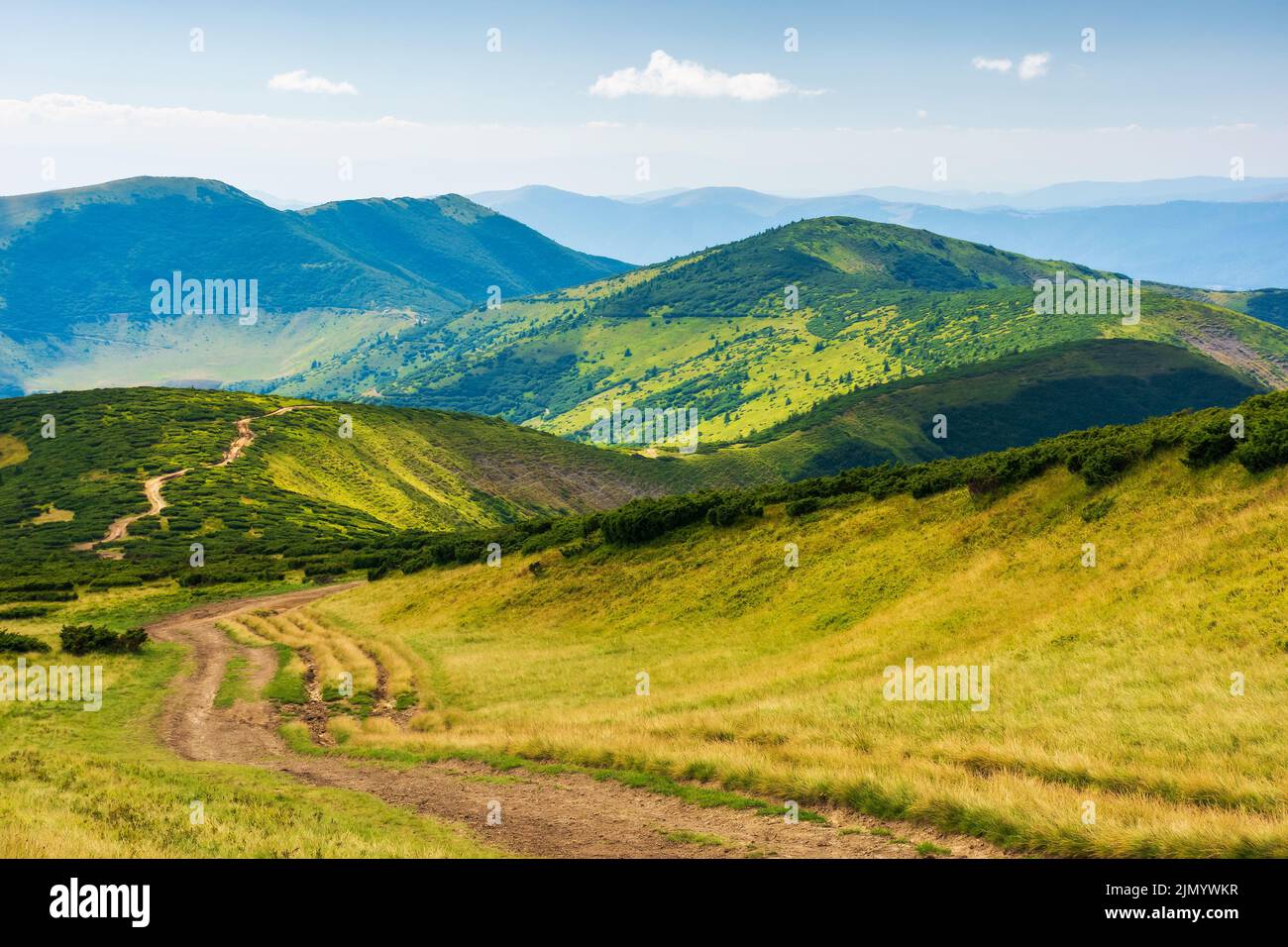 path through ridge of carpathian national park. mountain landscape of ukraine, europe in summer. beautiful outdoor scenery. domestic tourism and hikin Stock Photo
