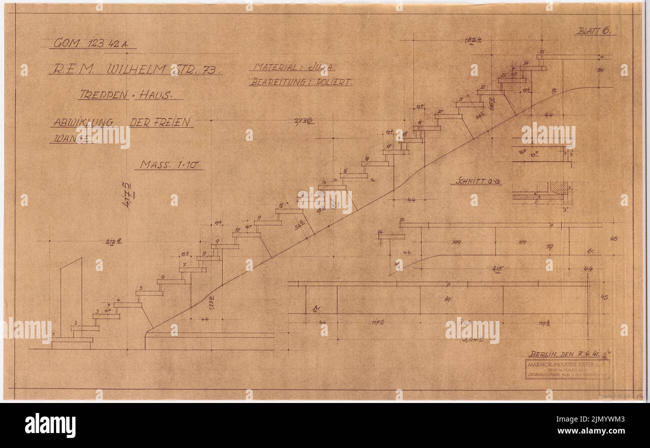 Böhmer Franz (1907-1943), Reich Ministry of Food and Agriculture in Berlin-Mitte (April 7, 1941): Stairwell, handling of the free cheek: cuts 1:10. Light break on transparent, 56.7 x 91.3 cm (including scan edges) Stock Photo