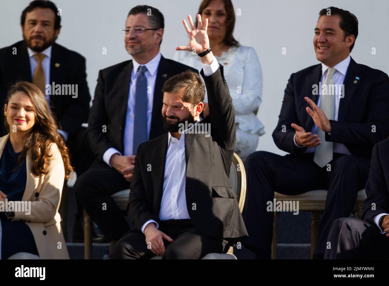 Chilean President Gabriel Boric gestures during the inauguration event of Colombia's first left-wing president Gustavo Petro inauguration event, in Bo Stock Photo