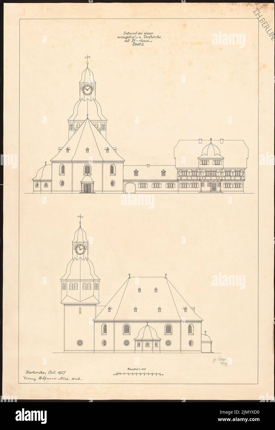 Böhmer Franz (1907-1943), Evangelical village church with rectory (07.1927): Views 1: 100. Ink on cardboard, 100.4 x 68.8 cm (including scan edges) Stock Photo
