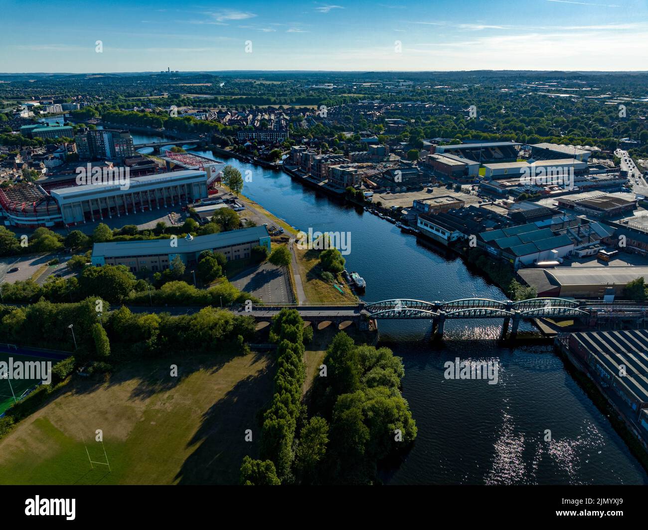 Nottingham Forrest The City Count and Meadow Lane Notts County From the Air, Aerial Shot from a drone River Trent Nottingham Stock Photo
