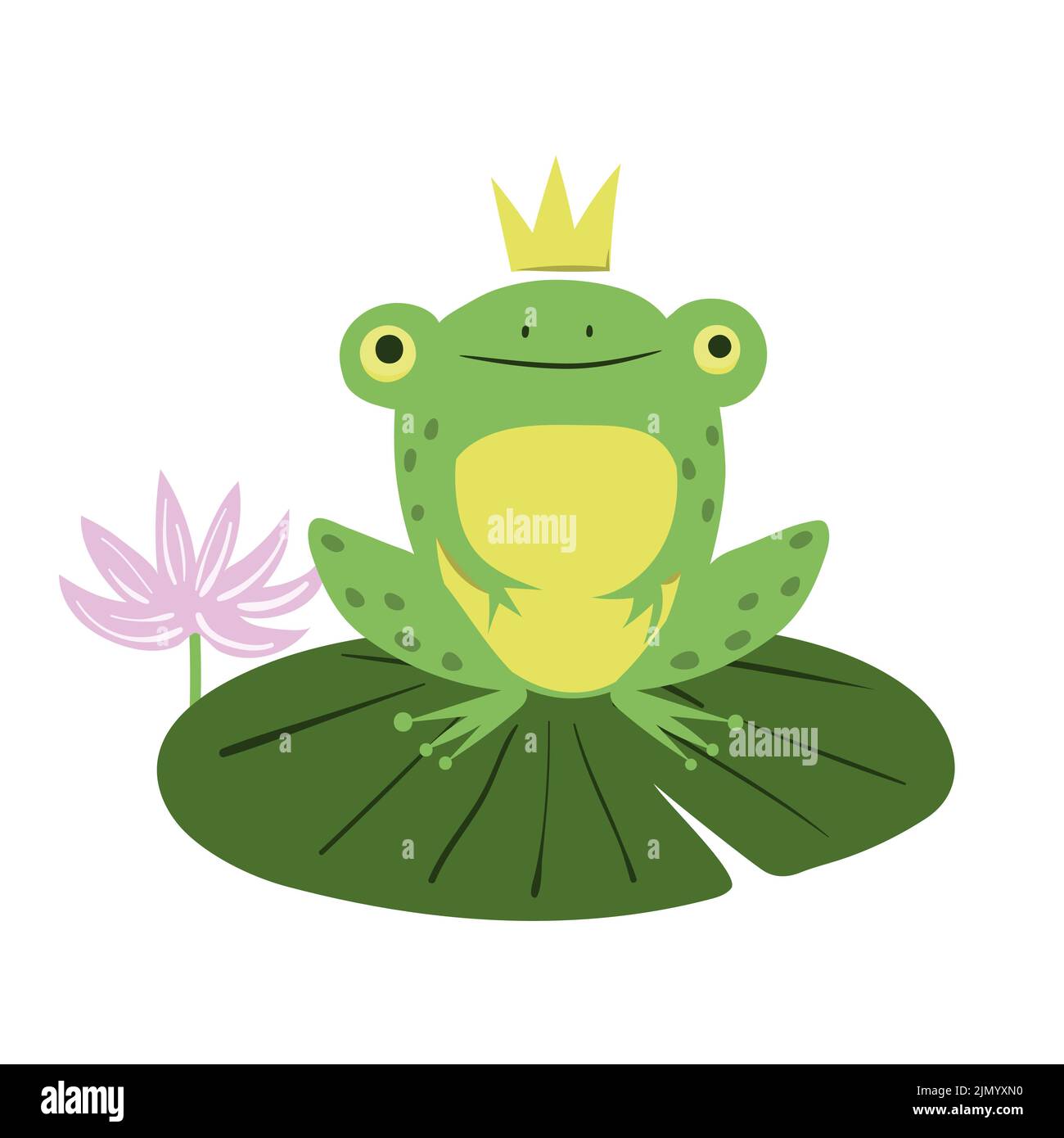 Frog prince on lily pad. Cartoon vector illustration of green frog with