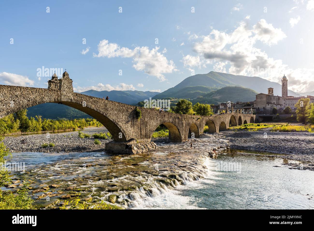 Panoramic view of The Hampback Bridge in Bobbio, Emilia Romagna region, Italy. Stock Photo