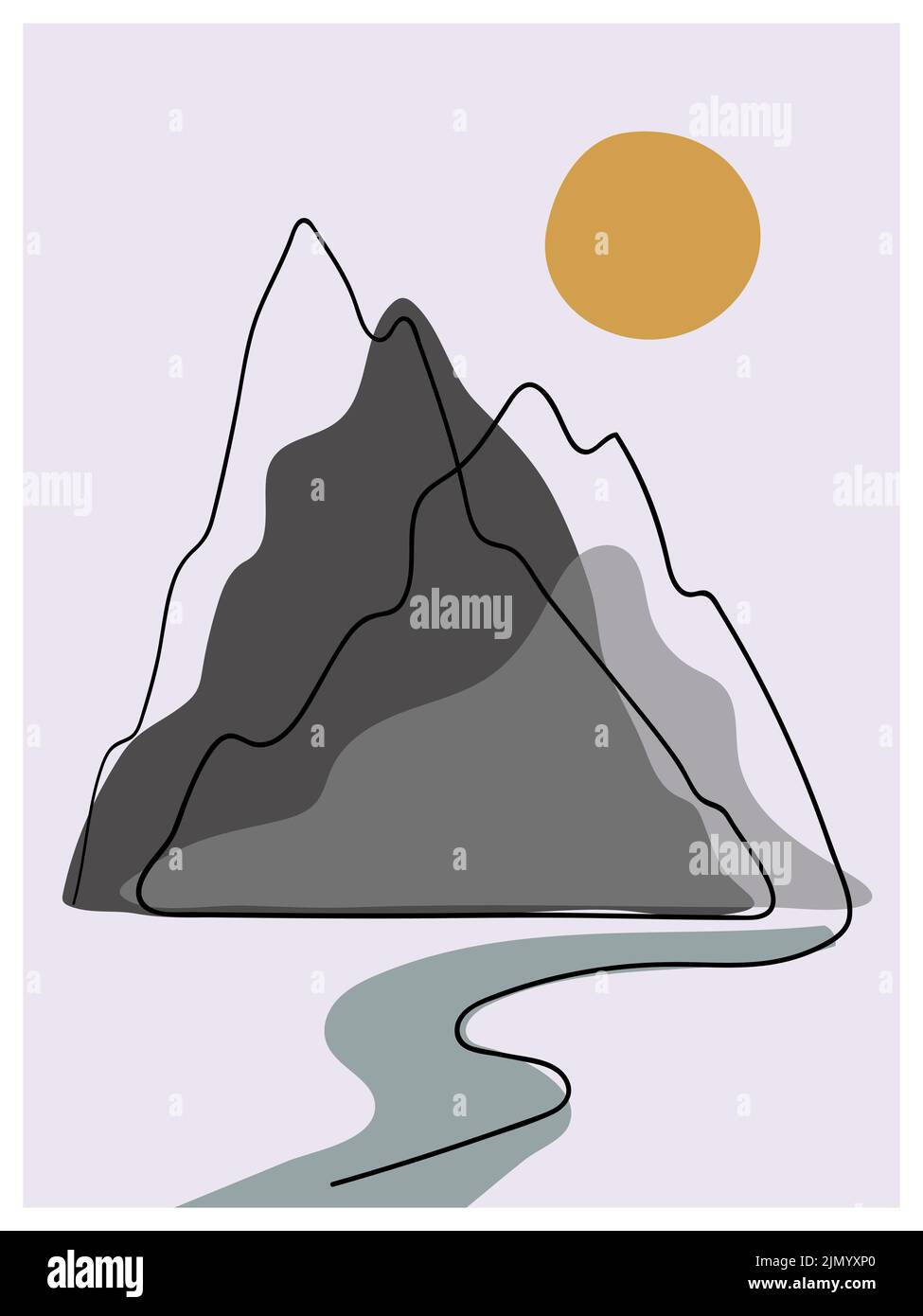 Mountain landscape wall art. Abstract minimalist poster with mountains and sun Stock Vector