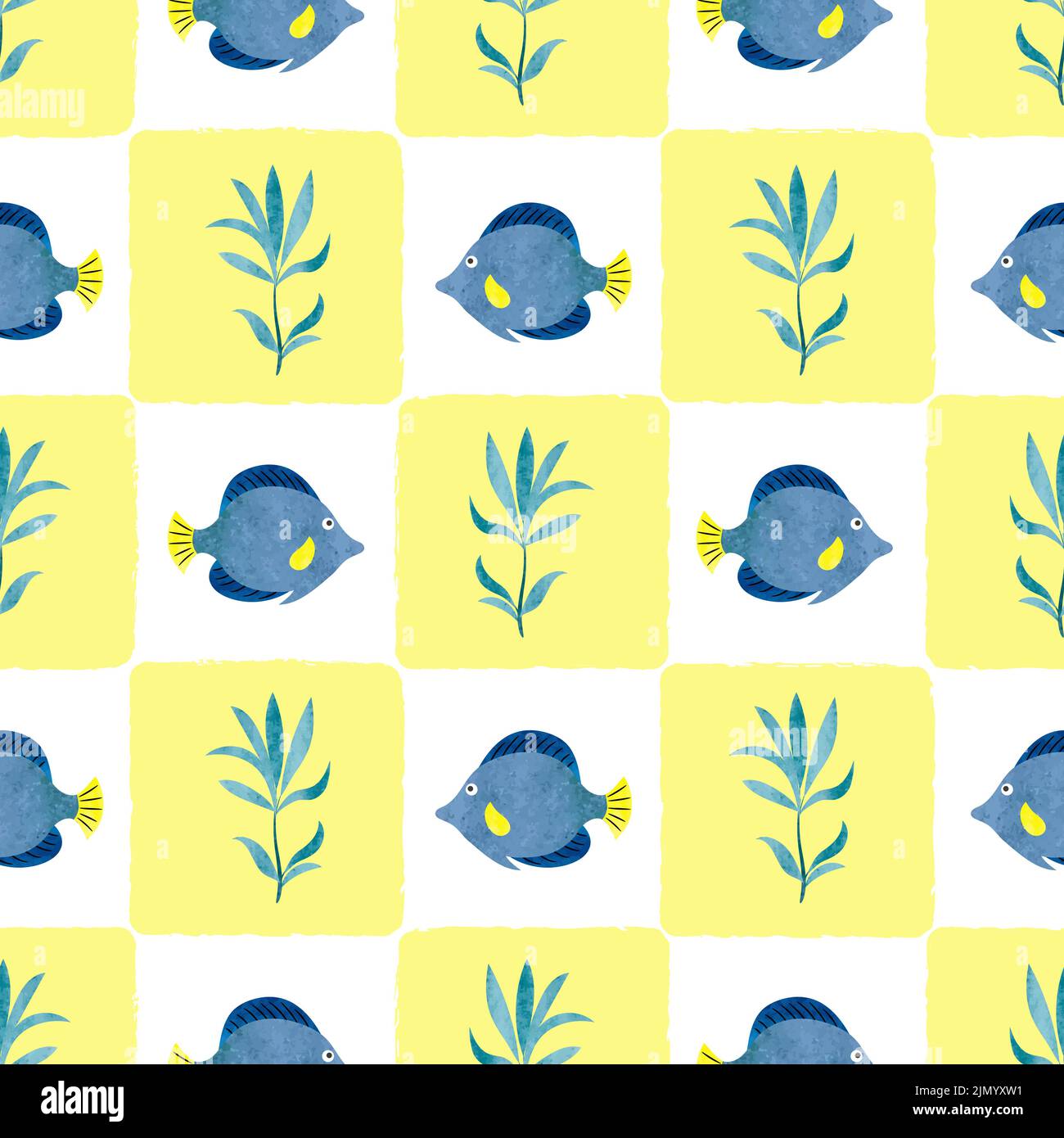 Seamless watercolor fish and seaweeds pattern. Checked textile design ...