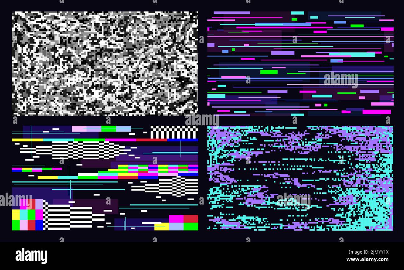 Glitched textures. Glitch glowing computer screen, tv white noise graphic. 80s art distortion pixelate, digital signal failed. Cyberpunk style racy Stock Vector
