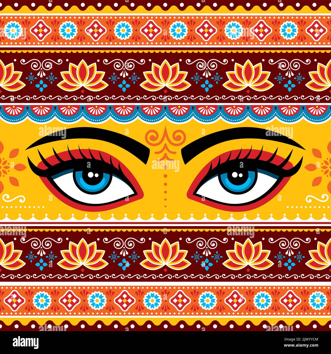 Pakistani or Indian truck art vector seamless pattern with girl's or woman's eyes, flowers, leaves and abstract shapes Stock Vector