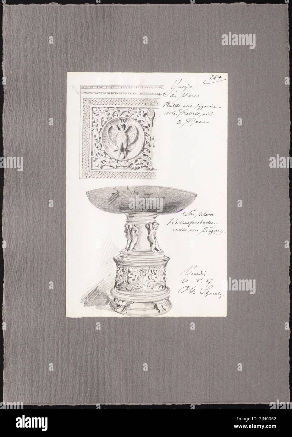 Schmalz Otto (1861-1915), travel sketches from Italy (10.05.1887): Venice: Relief, holy water basin in S. Marco (perspective view, view). Pencil on paper, 42.9 x 30.6 cm (including scan edges) Stock Photo