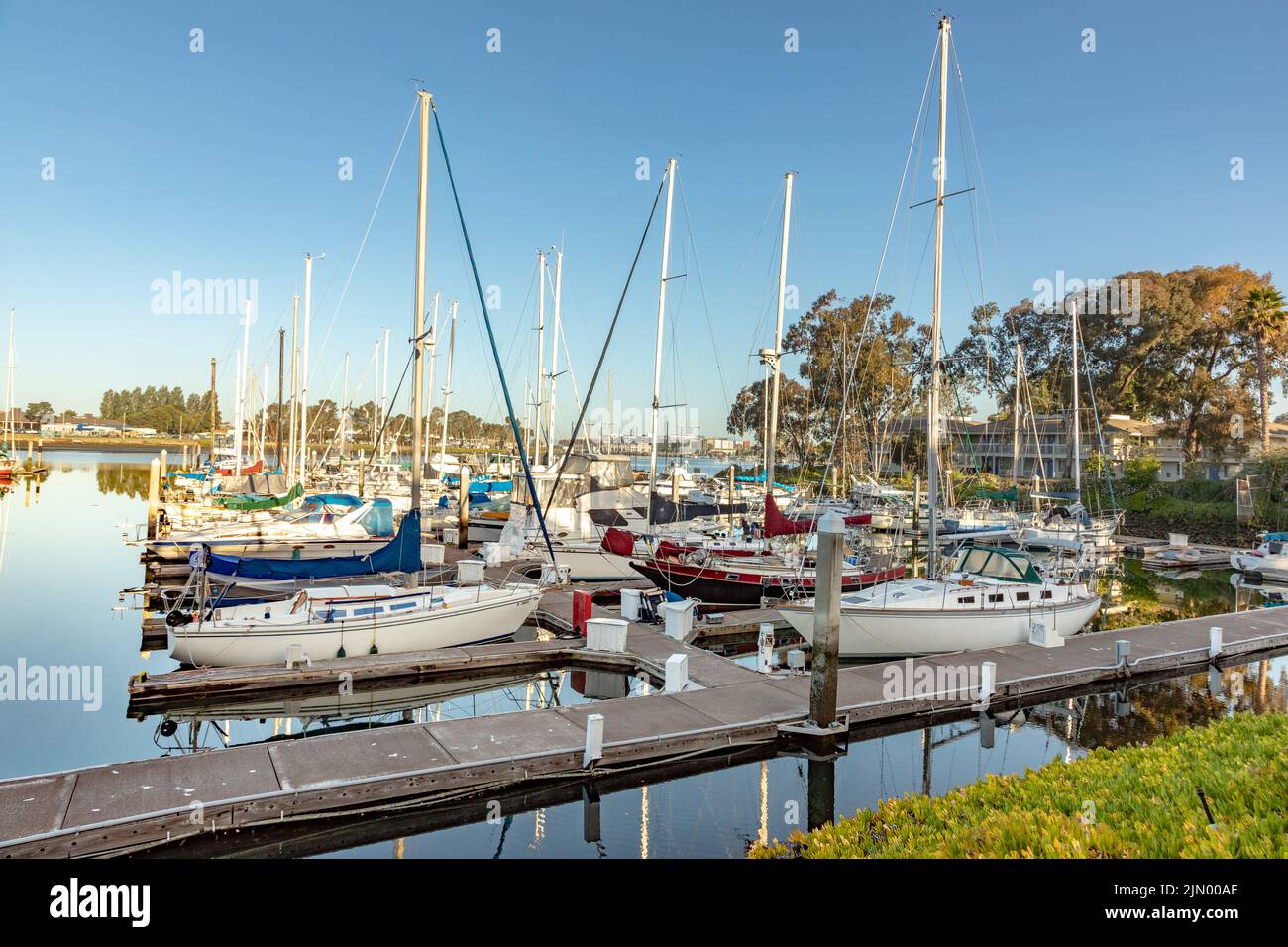 Oakland, USA - May 19, 2022: yachts and private boats anchor at the port of Oakland. Stock Photo