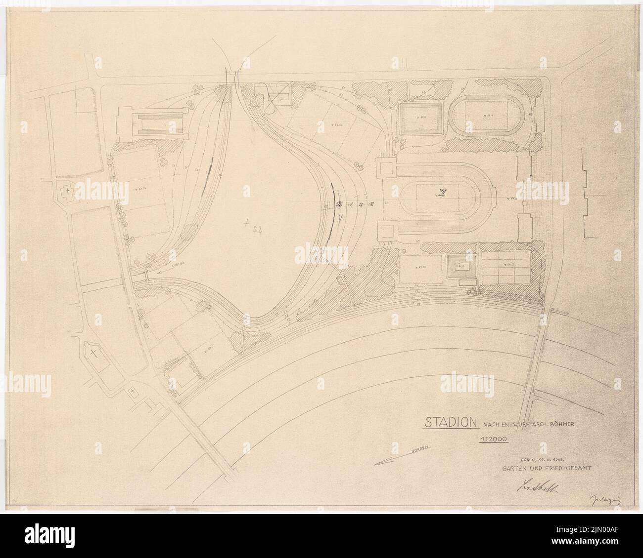 Böhmer Franz (1907-1943), Stadium in Poznan (March 19, 1941): Stadium: site plan 1: 2000. Light break on paper, 63.8 x 79.7 cm (including scan edges) Stock Photo
