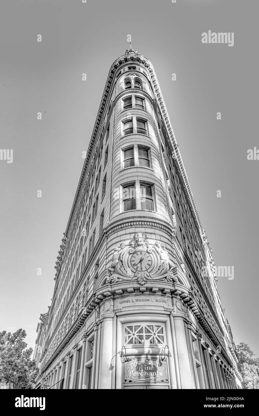 Oakland, USA - May 19, 2022: old historic flatiron building called Lionel Wilson in Oakland. Stock Photo