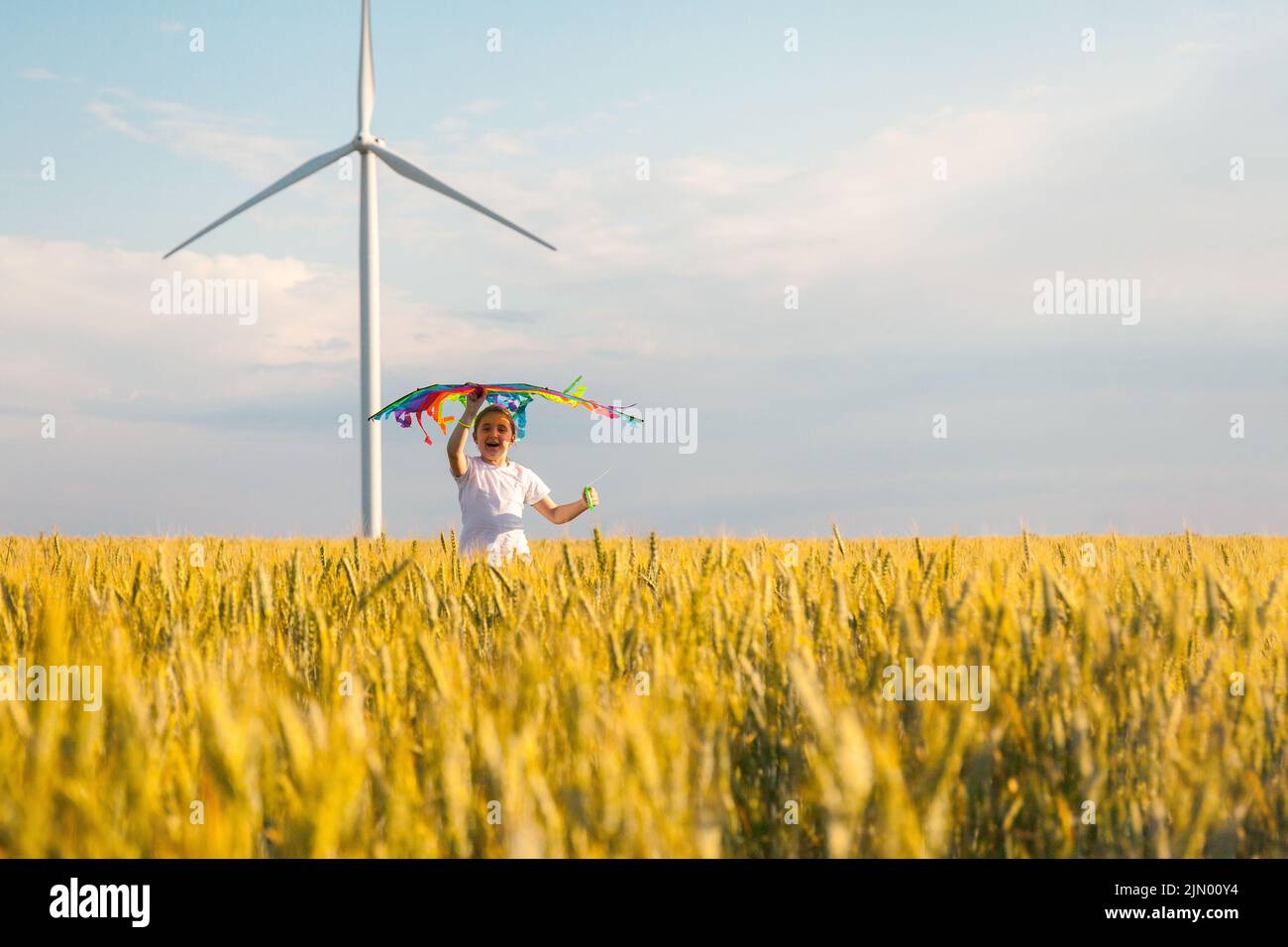 Happy Little girl running in a wheat field with a kite in the summer. Stock Photo