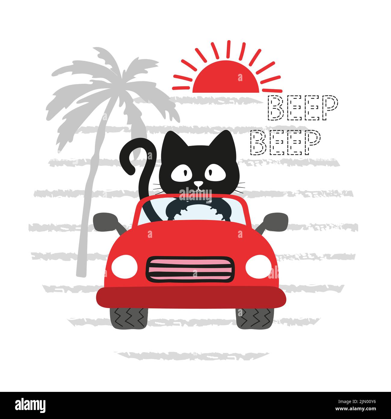 Cute cat in the car. Cartoon childish vector illustration Stock Vector