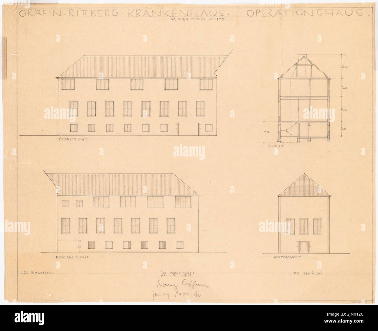 Böhmer Franz (1907-1943), Countess Rittberg Hospital in Berlin-Lichterfelde (March 18, 1935): Operation House: Views, average 1: 100. Pencil on transparent, 60.3 x 74.8 cm (including scan edges) Stock Photo