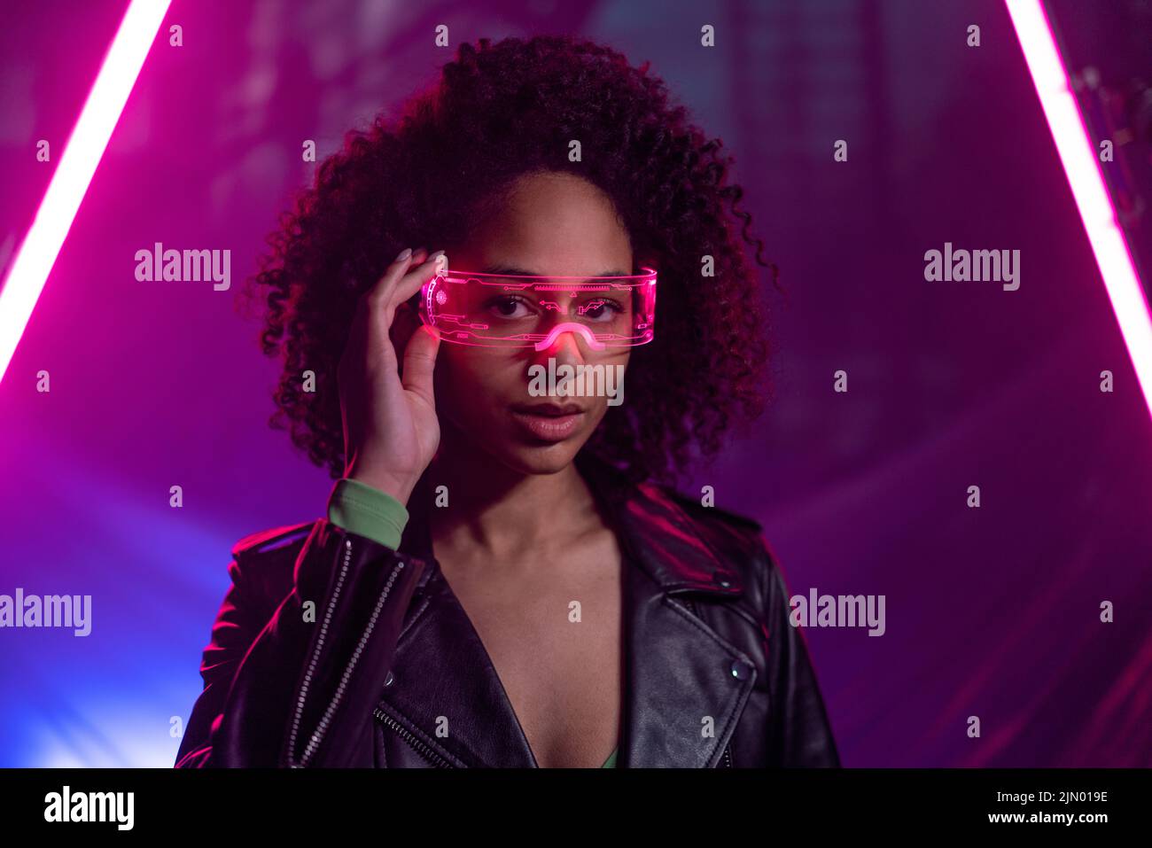 Metaverse digital cyber world technology, woman with virtual reality VR