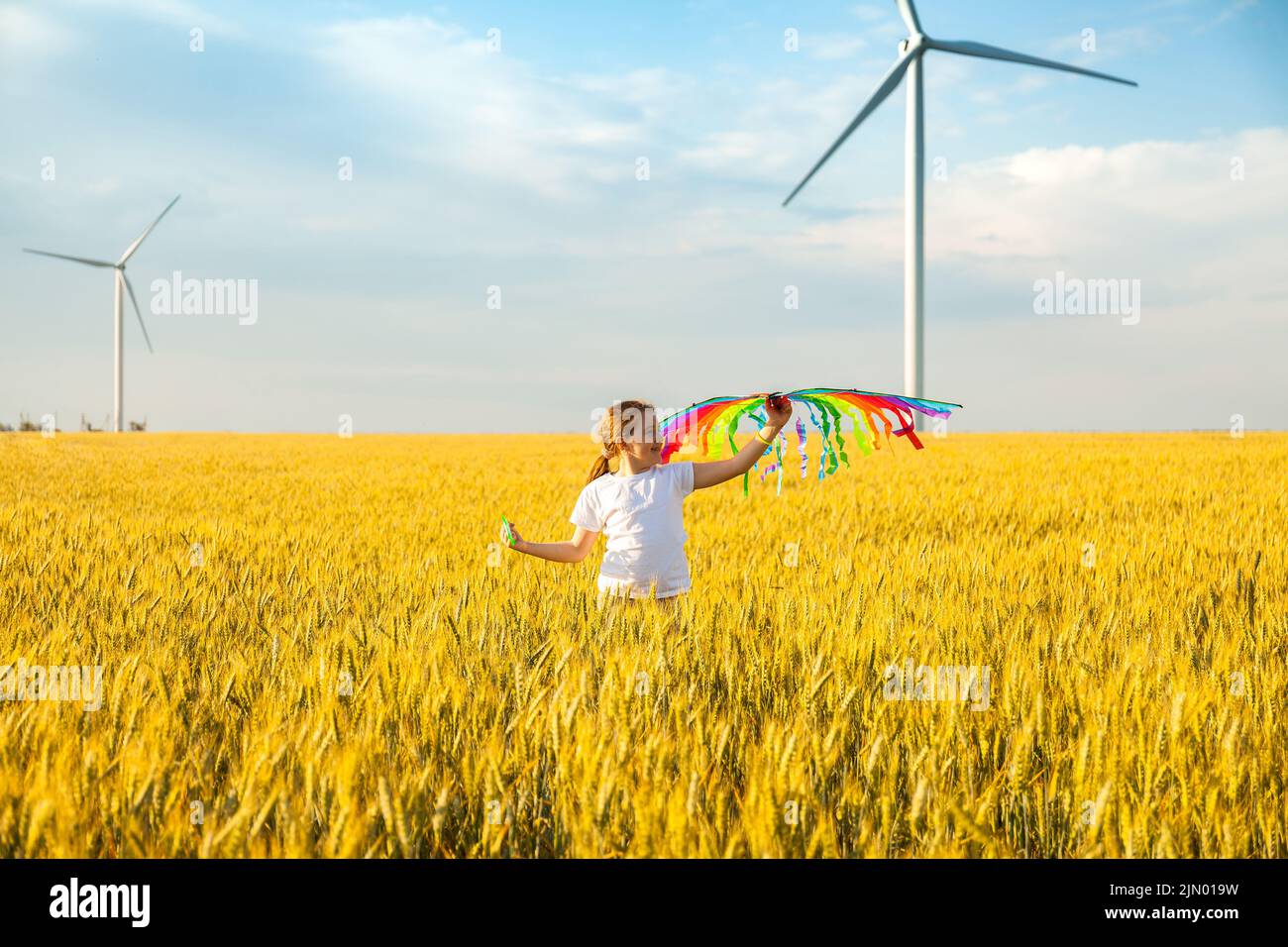 Happy Little girl running in a wheat field with a kite in the summer