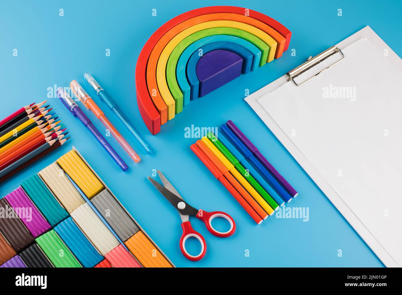 Stationery for creativity on a blue background. Back to school. Copy ...