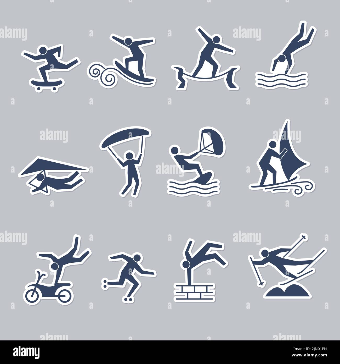 Extreme sport. Fitness icons active lifestyle outdoor people climbing rafting running walking jumping recent vector stylized symbols Stock Vector