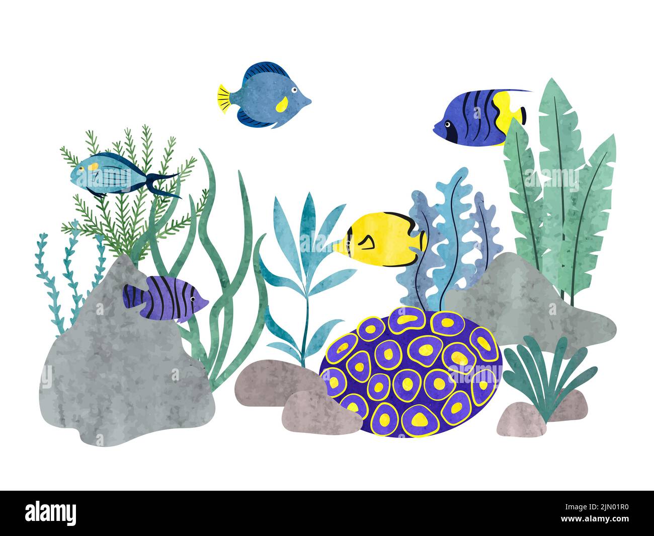 Coral reef scene with sea fish. Vector watercolor marine illustration ...