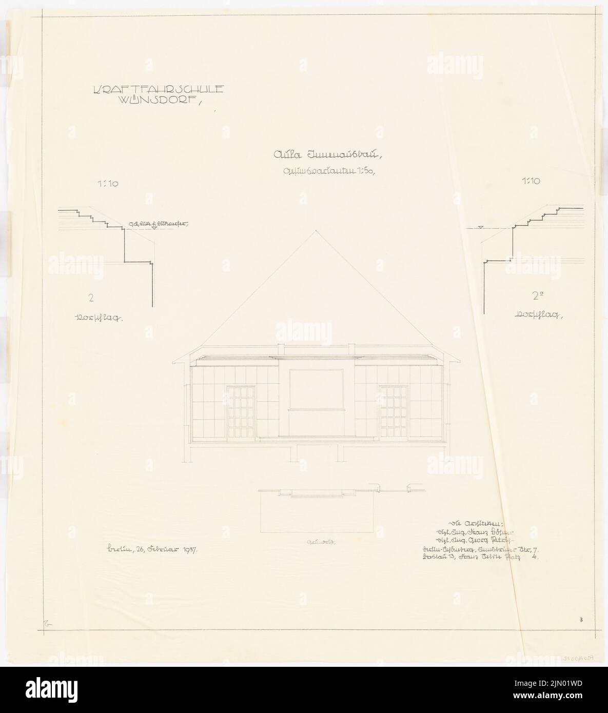 Böhmer Franz (1907-1943), motor vehicle in Wünsdorf (February 26, 1937): Auda: wall view, floor plan 1:50, cuts 1:10. Pencil on transparent, 82.5 x 75.2 cm (including scan edges) Stock Photo
