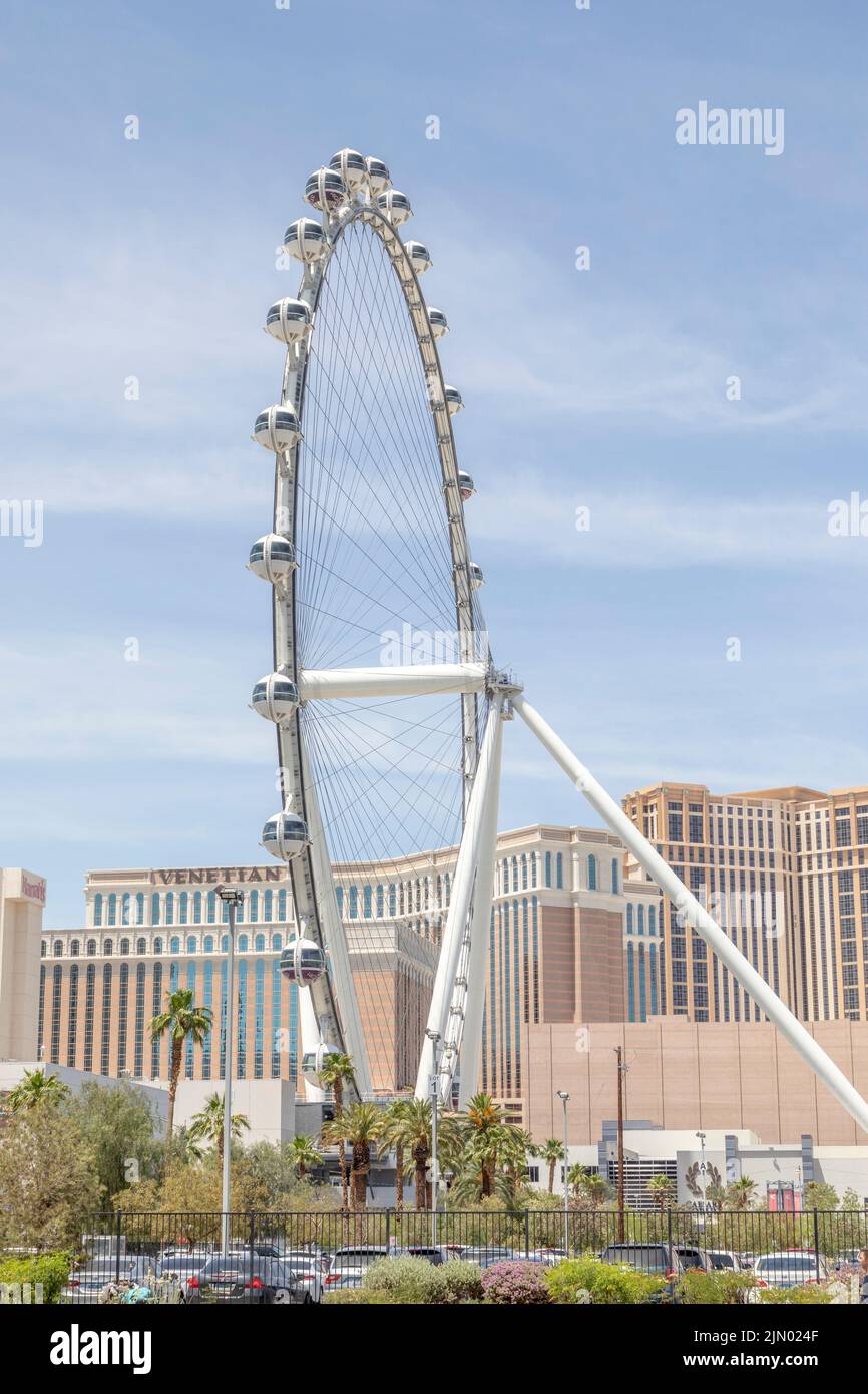 Las Vegas, USA - May 23, 2022: view to high roller ferries wheel in Las Vegas. It is the worlds largest observation wheel. Stock Photo