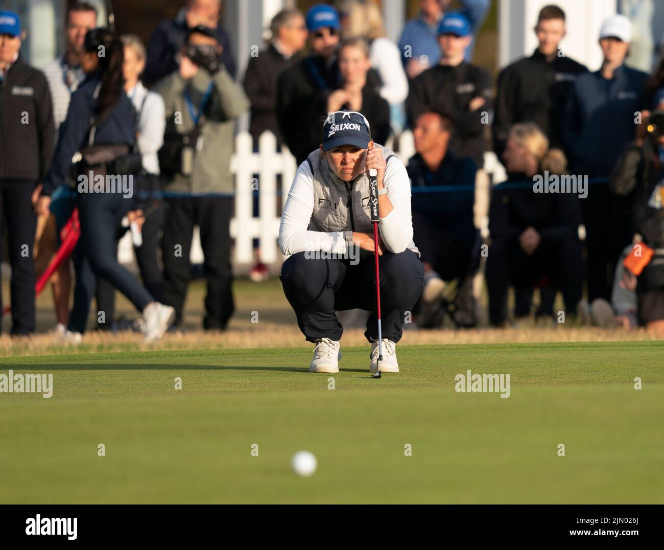 Gullane, Scotland, UK. 7th August 2022. Final  round of the AIG Women’s Open golf championship at Muirfield in Gullane, East Lothian. Pic; Ashleigh Buhai lines up her putt on the 18th green.  Iain Masterton/Alamy Live News Stock Photo
