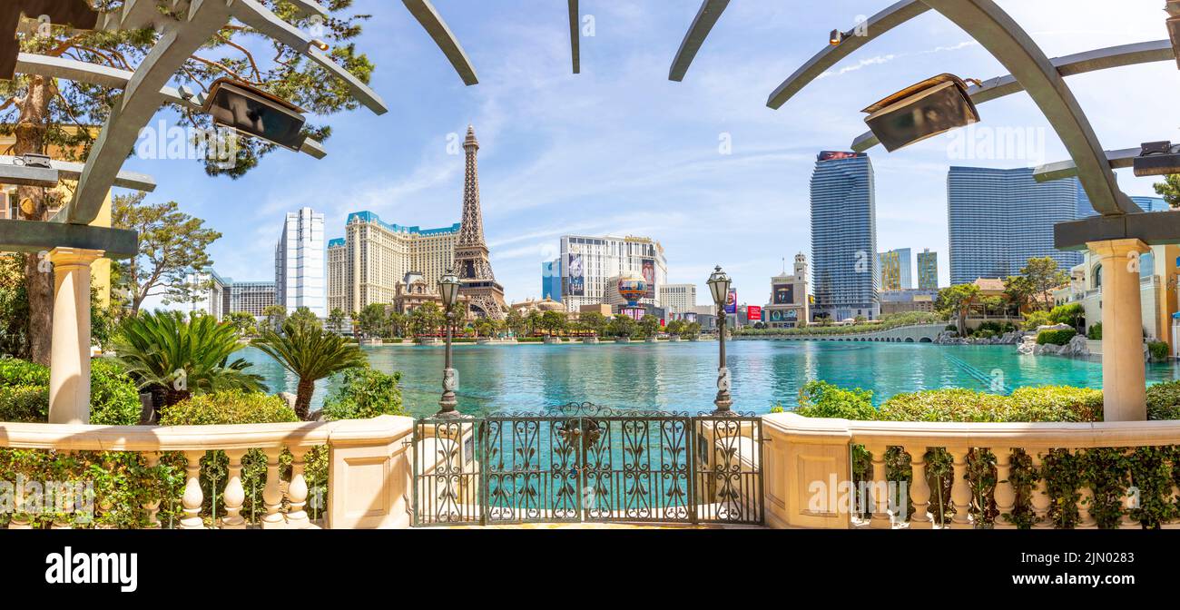 Las Vegas, USA - May 23, 2022: panorama view to the famous hotels and casinos at the strip like Eiffel tower,planet Hollywood, Bellagio, Ballys on day Stock Photo
