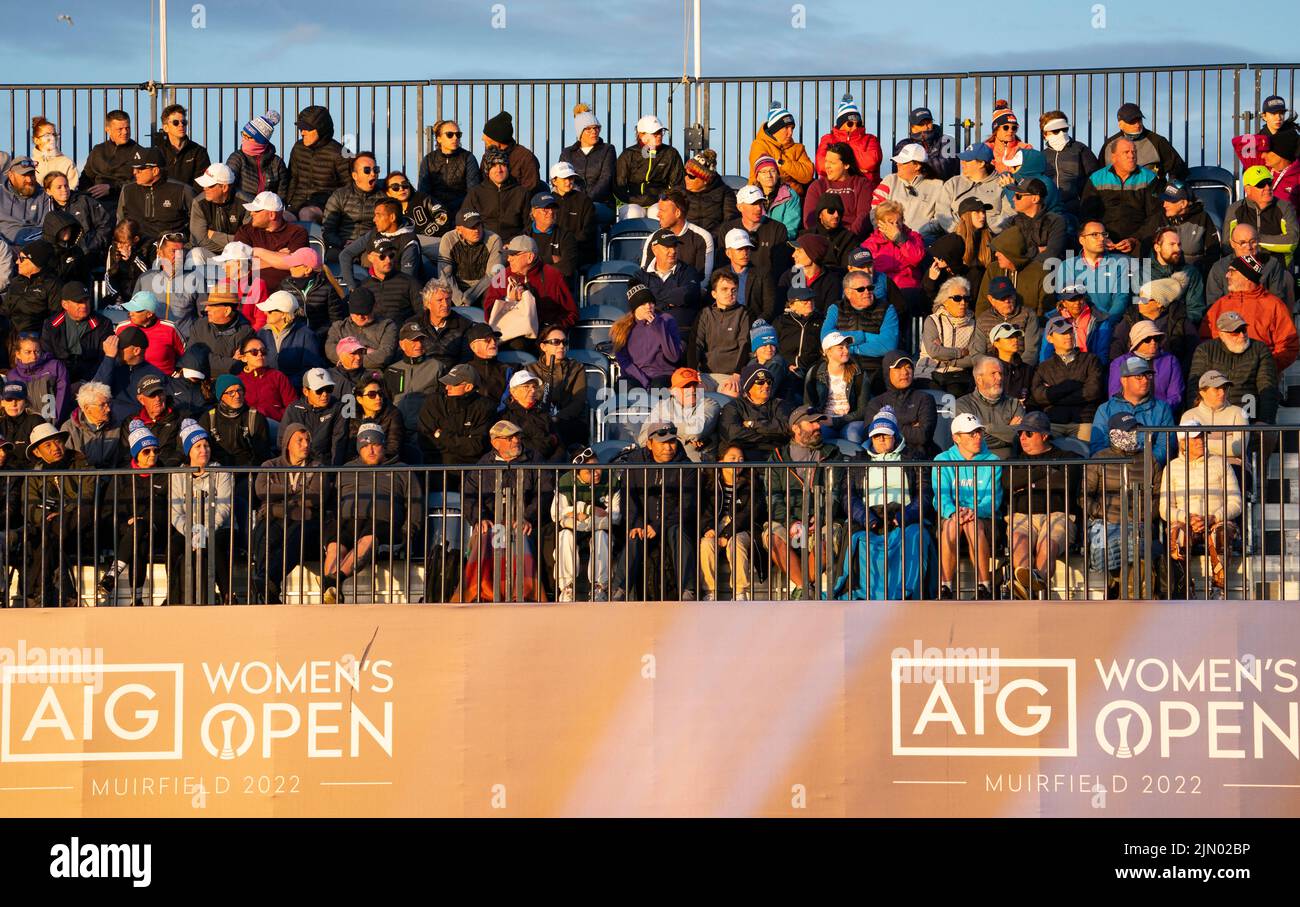 Gullane, Scotland, UK. 7th August 2022. Final  round of the AIG Women’s Open golf championship at Muirfield in Gullane, East Lothian. Pic; Spectators in stand beside the 19th green.   Iain Masterton/Alamy Live News Stock Photo