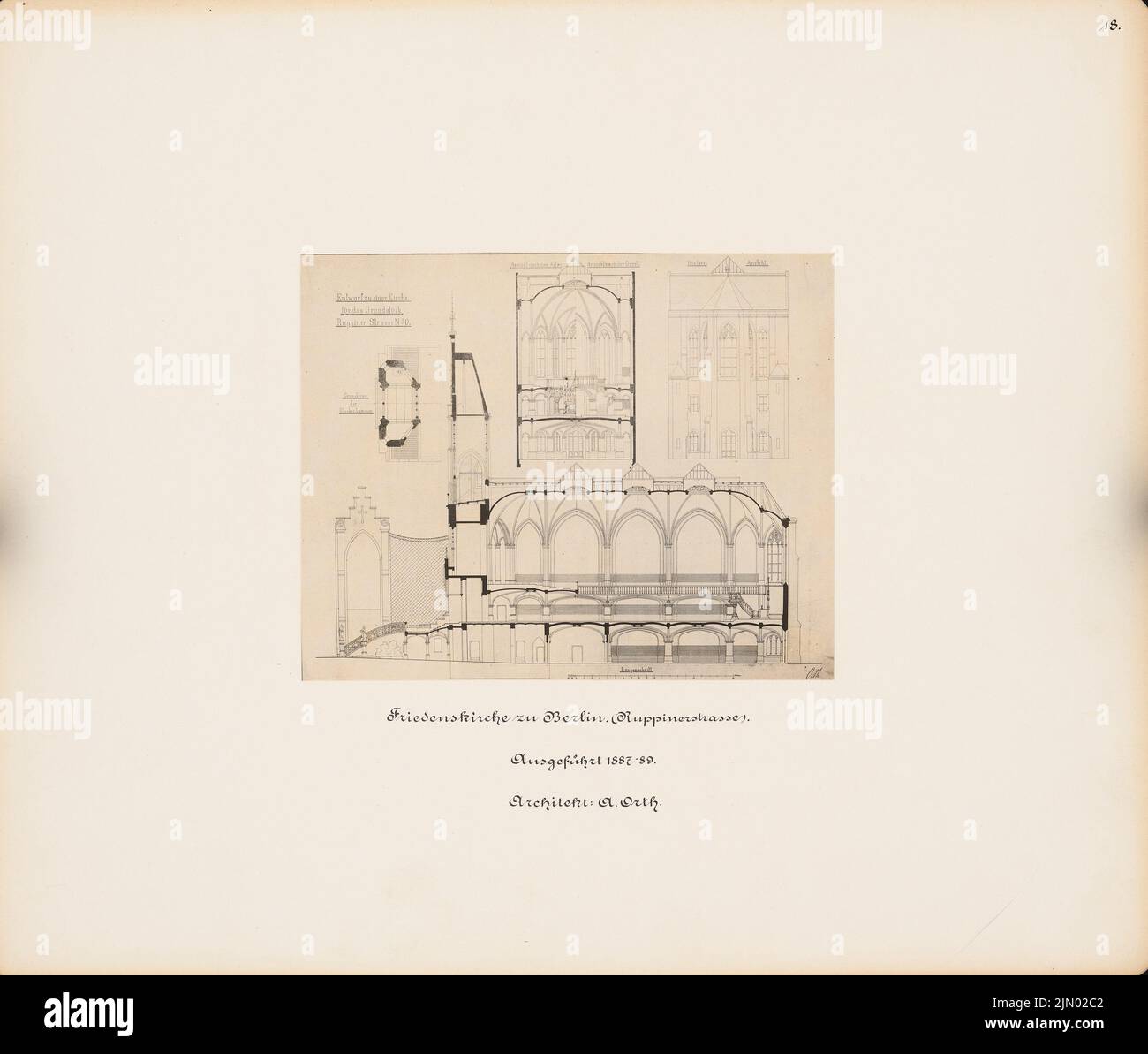 Orth August (1828-1901), Friedenskirche, Berlin (1887-1889): cross-section, longitudinal section, view, floor plan of the bell chamber. Photo on cardboard, 33.5 x 39.4 cm (including scan edges) Orth August  (1828-1901): Friedenskirche, Berlin Stock Photo