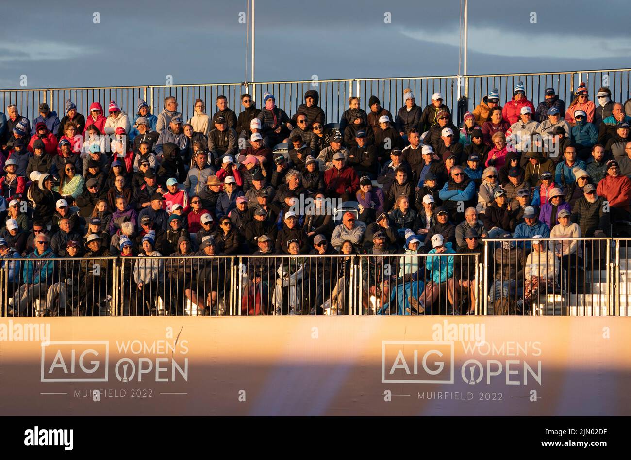 Gullane, Scotland, UK. 7th August 2022. Final  round of the AIG Women’s Open golf championship at Muirfield in Gullane, East Lothian. Pic; Spectators in stand beside the 19th green.   Iain Masterton/Alamy Live News Stock Photo