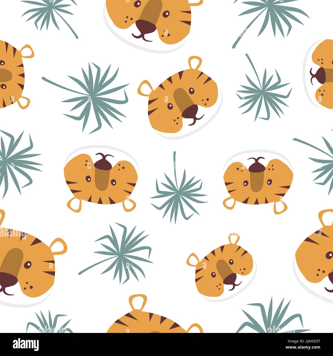 Seamless children pattern with cartoon tiger and tropical leaves. Baby print Stock Vector
