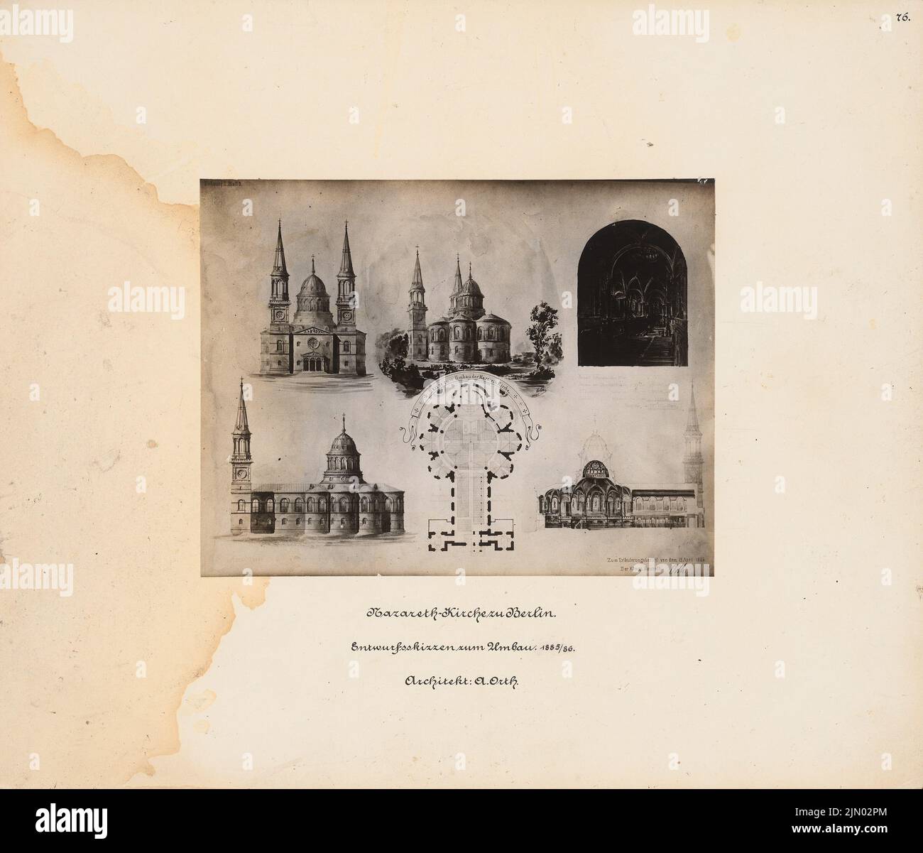 Orth August (1828-1901), Nazarethkirche (1835), Berlin-Wedding. Project I (conversion) (1885-1886): 2 normal views, 1 perspective view, 1 floor plan, 1 interior perspective, 1 longitudinal section, (see Inv.No. 14172). Photo on cardboard, 33.5 x 39.2 cm (including scan edges) Orth August  (1828-1901): Nazarethkirche (1835), Berlin-Wedding. Projekt I (Umbau) Stock Photo