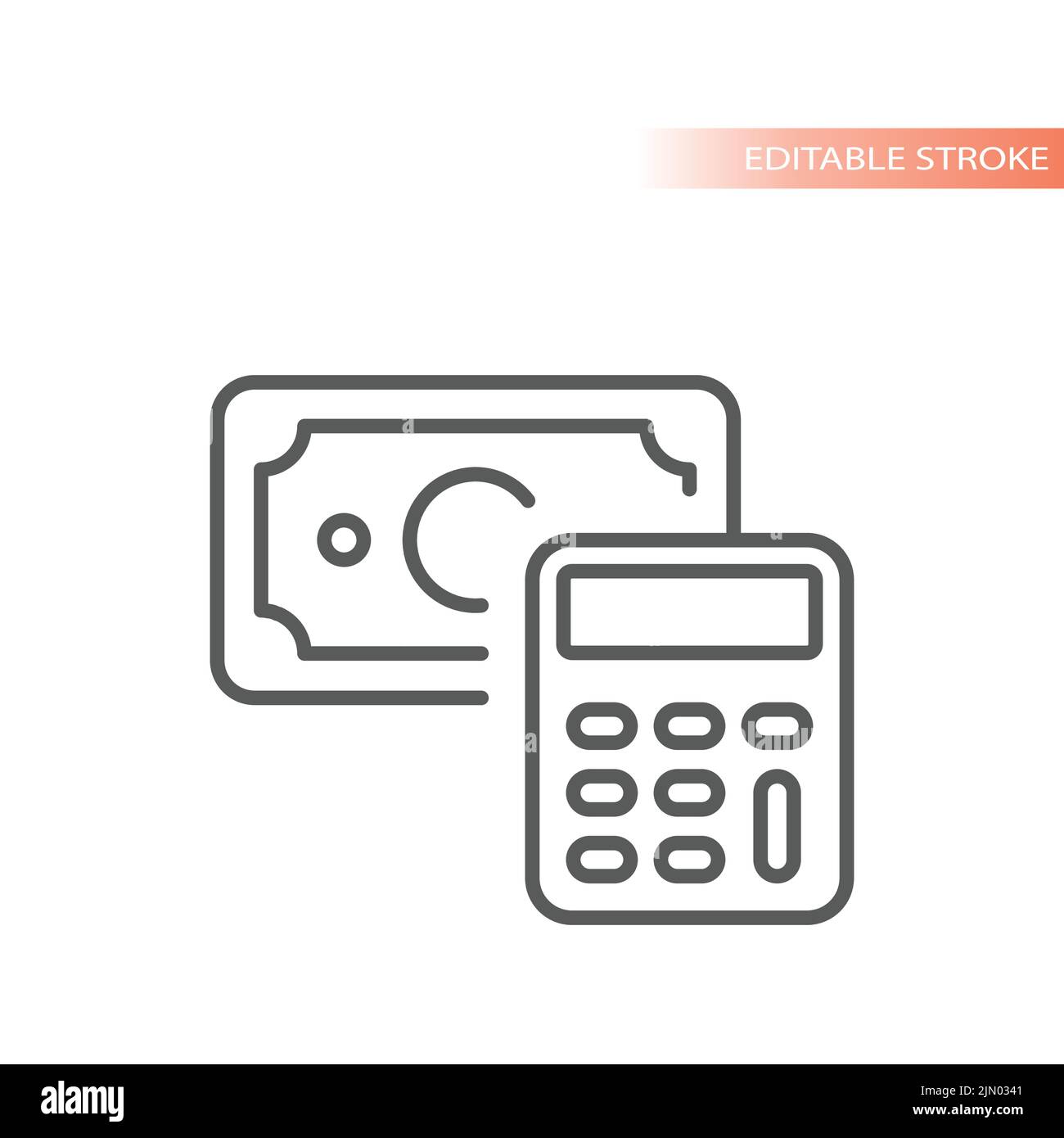 Dollar bill, money and calculator line vector icon. Budget, finance outlined symbol. Stock Vector