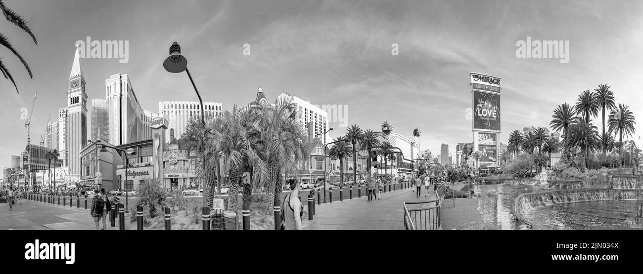 Las Vegas, USA - May 23, 2022: panoramic view of the Venetian Hotel and other famous hotels and casino with palm trees in front at the strip. Stock Photo