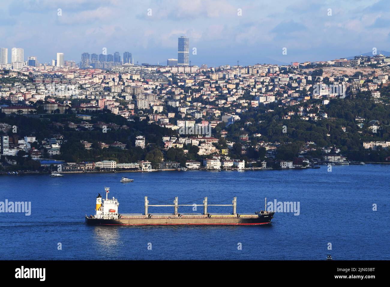 Istanbul, T¨¹rkiye. 7th Aug, 2022. A vessel in the second caravan of ships transporting grain from Ukraine passes through the Bosphorus Strait in Istanbul, T¨¹rkiye, Aug. 7, 2022. Efforts to bring Ukrainian grain to international markets via the Black Sea have gone into a higher gear as the inspections of the second caravan of ships off Istanbul were concluded on Sunday. Credit: Shadati/Xinhua/Alamy Live News Stock Photo
