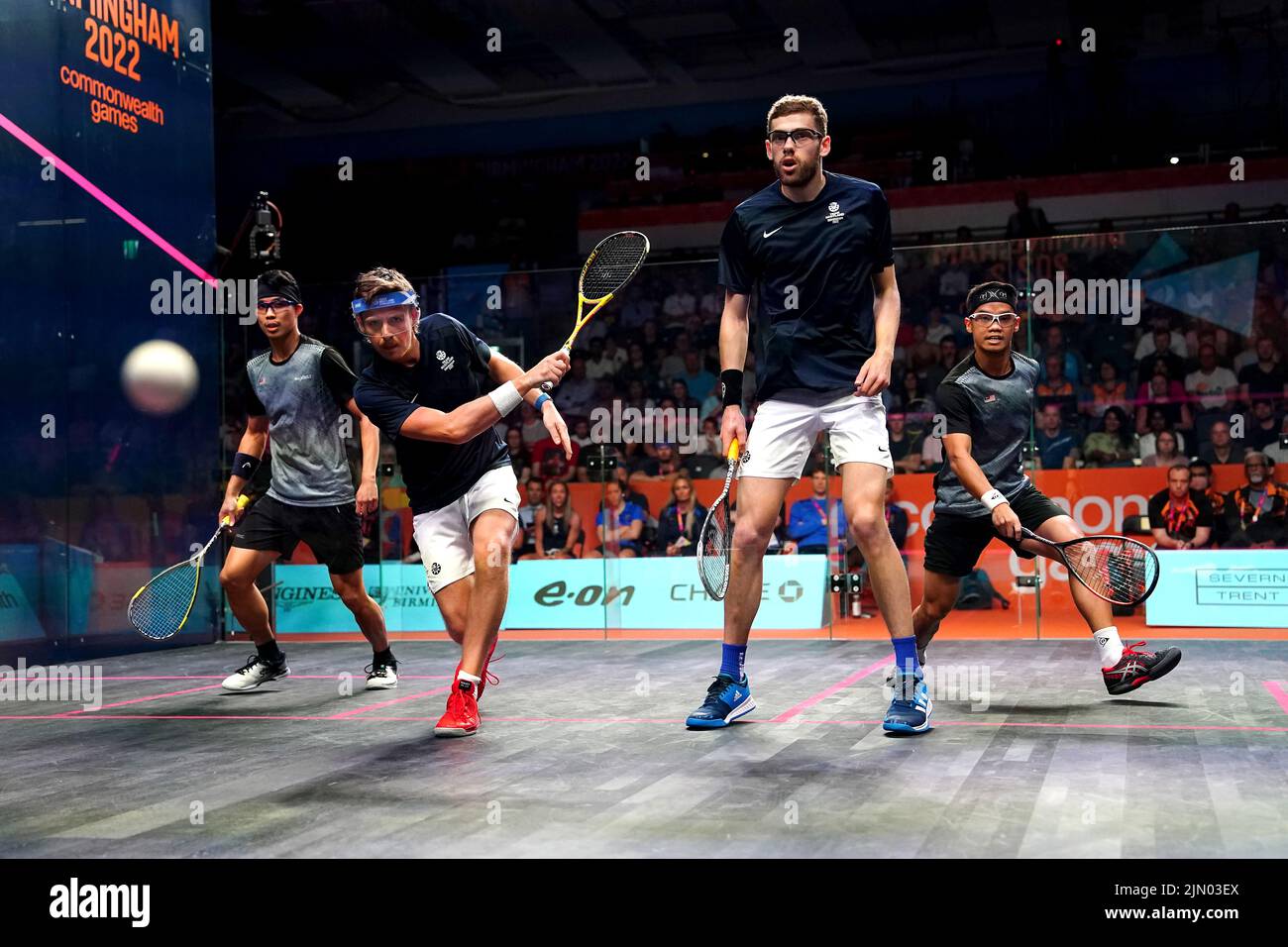 Scotland's Greg Lobban (second left) and Rory Stewart during the Men's Squash Doubles Bronze Medal Match against Malaysia's Yow Eain and Chee Wern Yuen at the University of Birmingham Hockey and Squash Centre on day eleven of the 2022 Commonwealth Games in Birmingham. Picture date: Monday August 8, 2022. Stock Photo