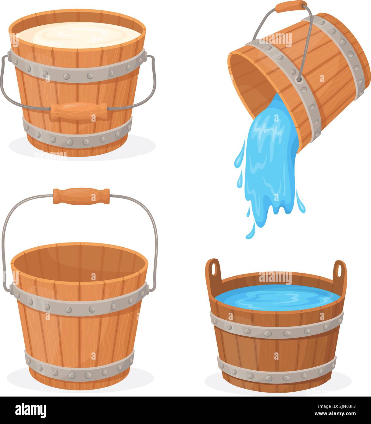 Cartoon wooden buckets. Wood bucket with flowing water or milk, empty pail stream spa sauna bathtub tub barrel jar pot for storage farm honey, isolated neat vector illustration of cartoon bucket Stock Vector