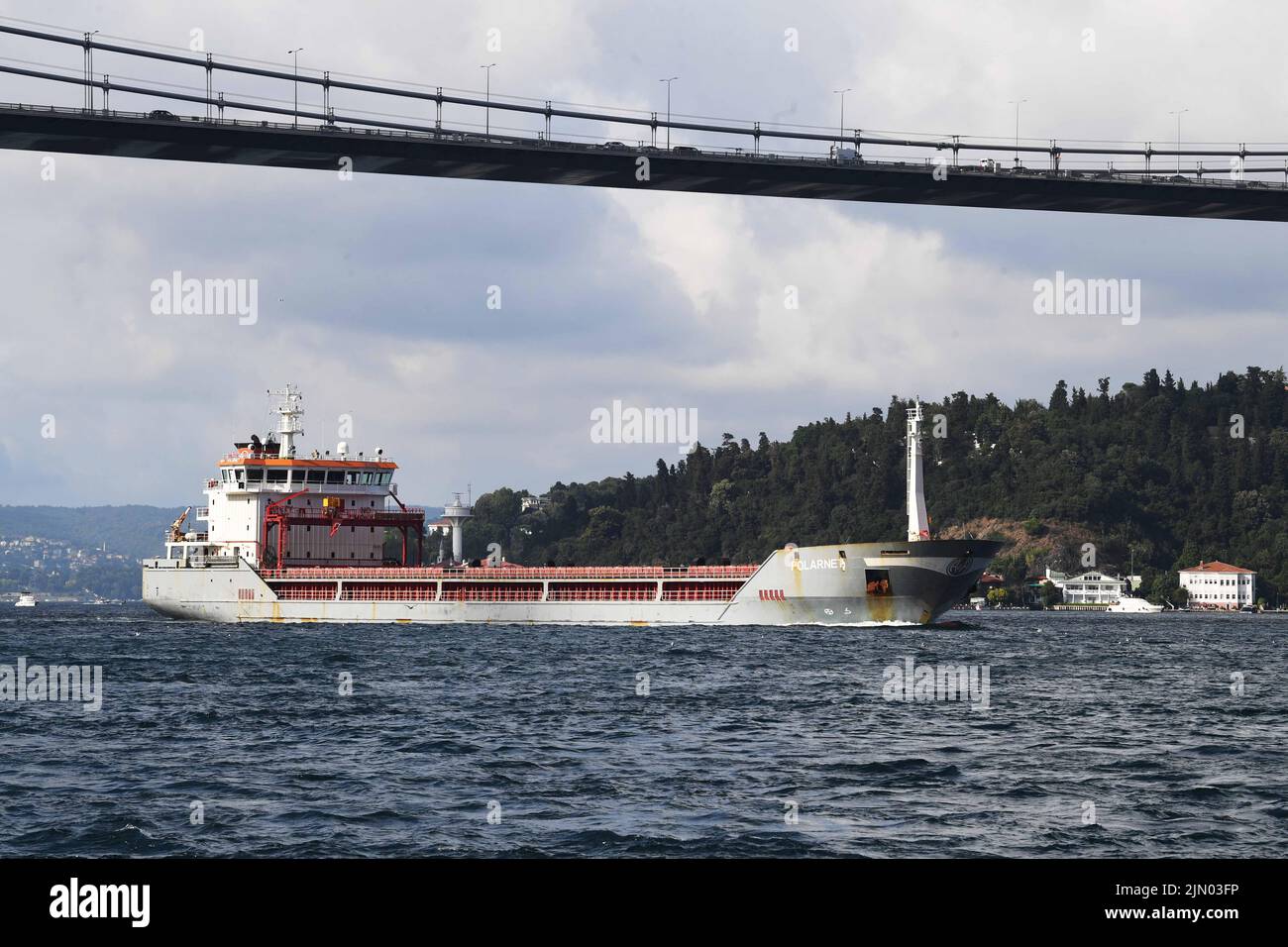 Istanbul, T¨¹rkiye. 7th Aug, 2022. A vessel in the second caravan of ships transporting grain from Ukraine passes through the Bosphorus Strait in Istanbul, T¨¹rkiye, Aug. 7, 2022. Efforts to bring Ukrainian grain to international markets via the Black Sea have gone into a higher gear as the inspections of the second caravan of ships off Istanbul were concluded on Sunday. Credit: Shadati/Xinhua/Alamy Live News Stock Photo