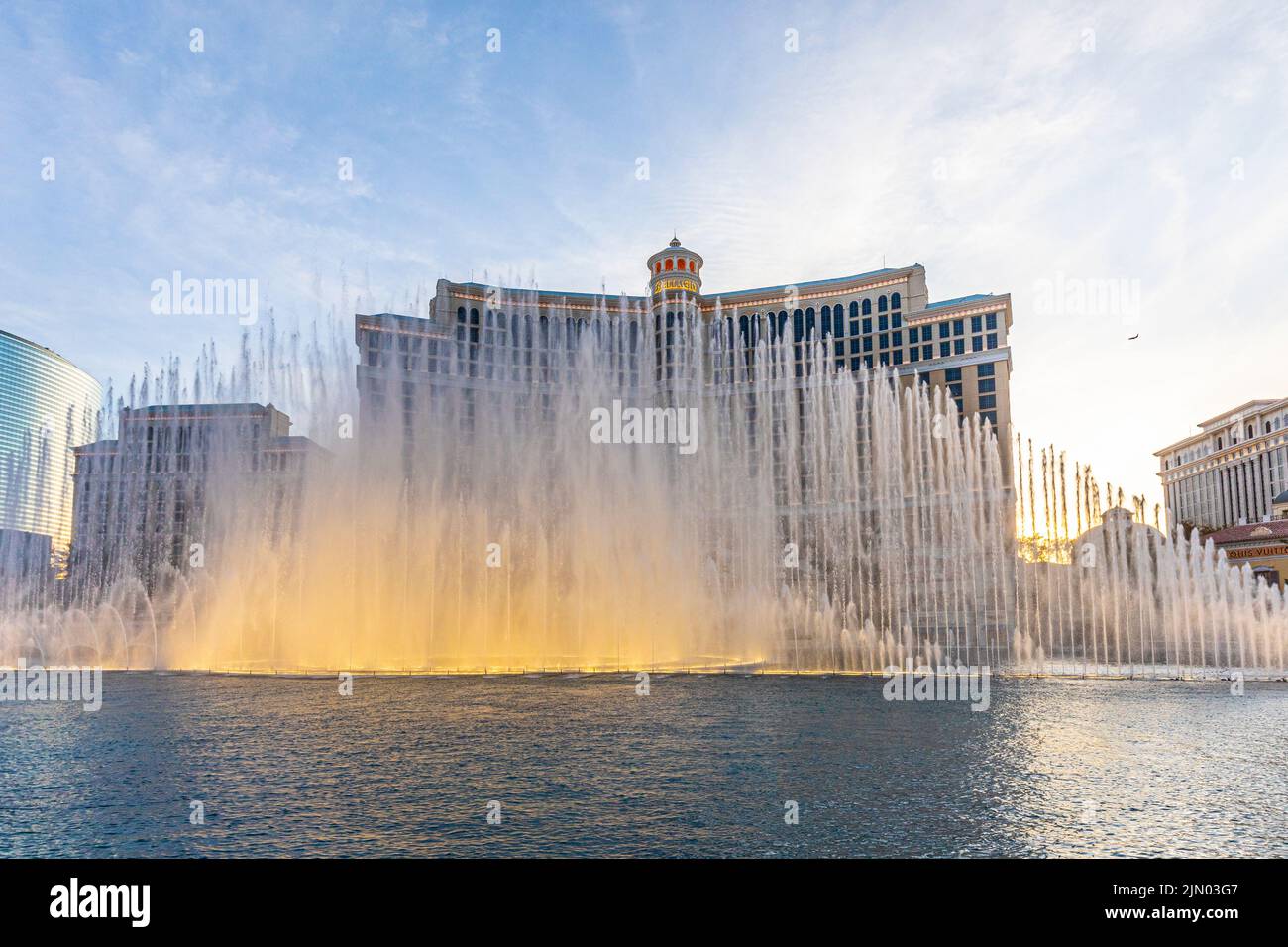 Las Vegas, Nevada, USA - June 26, 2022 : The Fountains of Bellagio at night. This feature performs choreography with water, music and light in front o Stock Photo