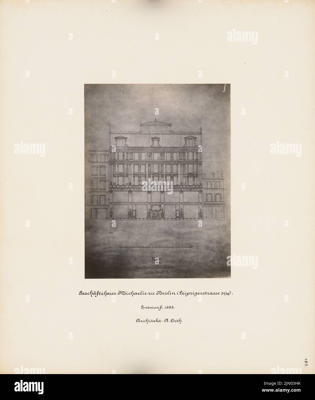 Orth August (1828-1901), Michaelis commercial building in Berlin (1883): front view. Photo on cardboard, 39.3 x 33.1 cm (including scan edges) Orth August  (1828-1901): Geschäftshaus Michaelis, Berlin Stock Photo
