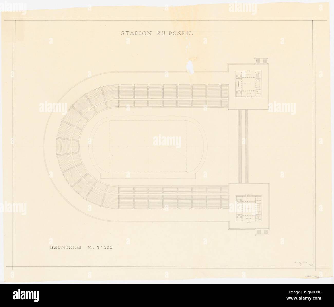 Böhmer Franz (1907-1943), stadium in Poznan [taken for exhibition, currently EC 14] (12.10.1940): floor plan 1: 500. Pencil on transparent, 77.5 x 91.1 cm (including scan edges) Böhmer & Petrich : Stadion, Posen Stock Photo